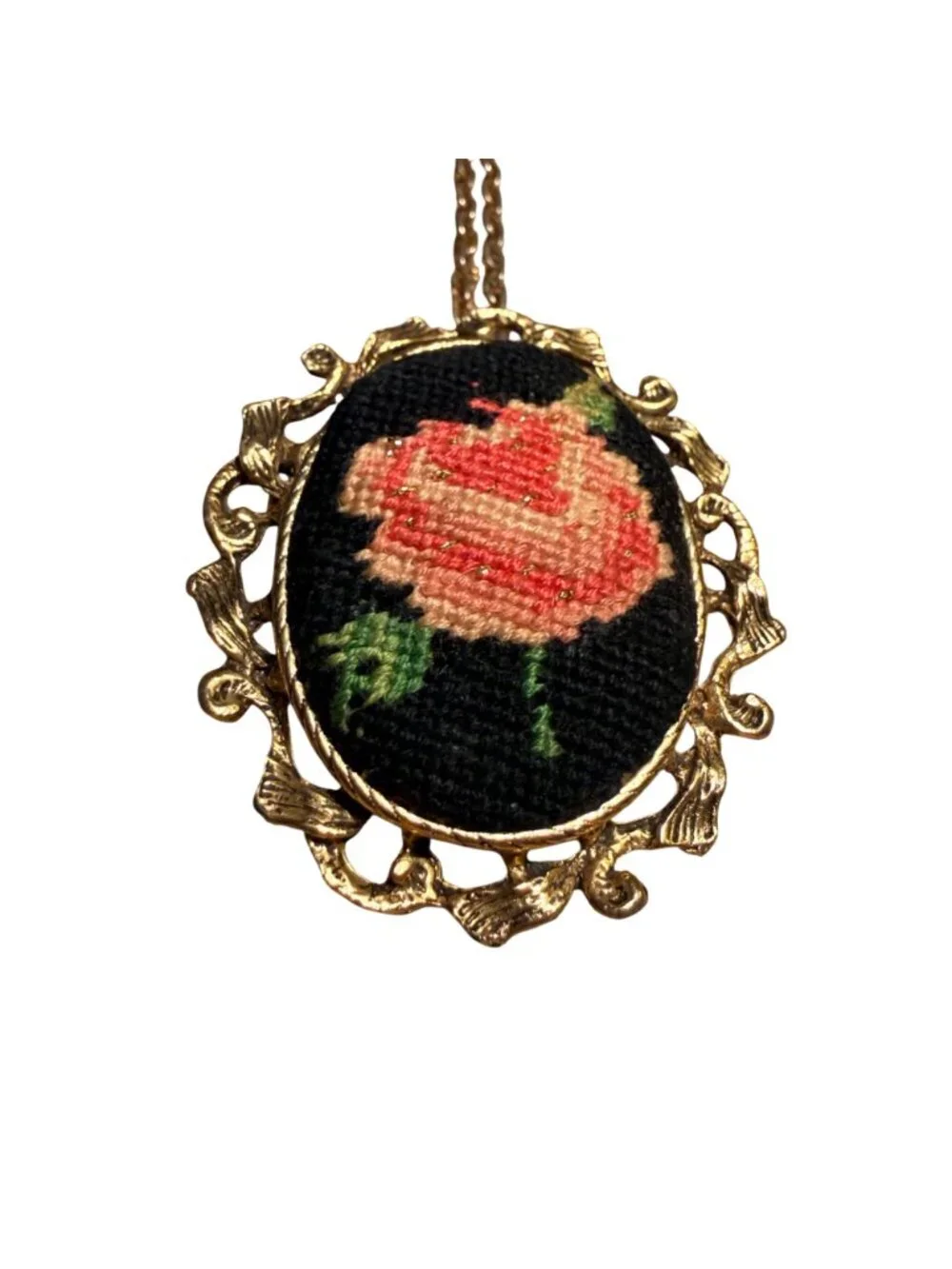 Vintage Needlepoint Rose Necklace Brooch Gold Tone Floral Convertible Pendant